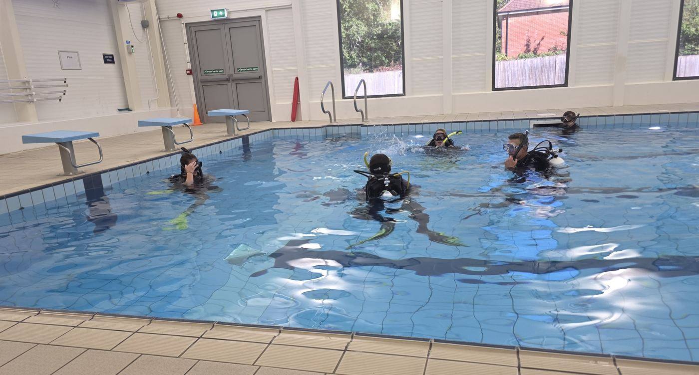 Divers practising skills in a training pool